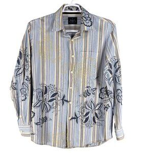 Tommy Bahama Mens L Indigo Palms Striped Front Back Graphic Button Up Shirt